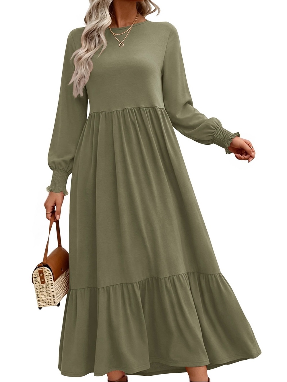 Sage/Green UVN Long Sleeve Tiered Maxi Dress XL